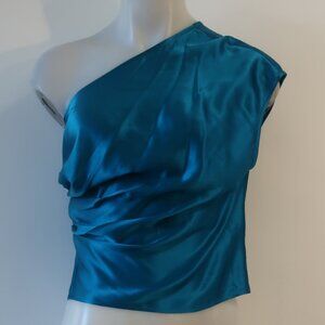Womens Michelle Mason Teal Pure Silk One Shoulder Blouse Top 0